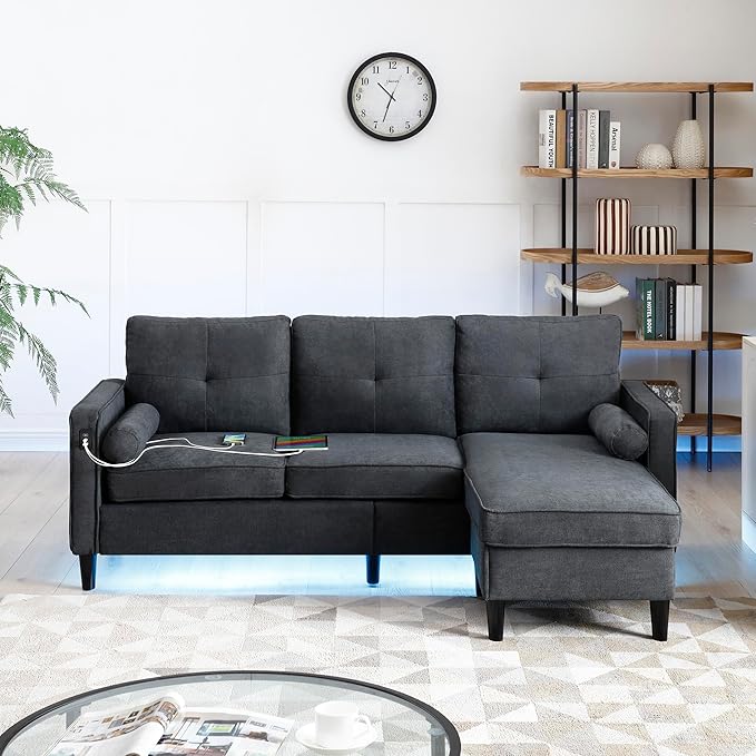 3 Seater L Shaped Convertible Sectional Sofa Couch with Reversible Chaise , Linen Upholstered Corner Sleeper Lounge Sofá with 2 USB Ports and LED Lights ,Storage for Small Space Living Room Apartment - LeafyLoom