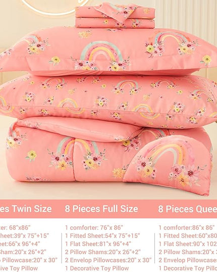 Mooreeke Full Size Comforter Sets for Girls Kids, 8 Pieces Bed in a Bag Pink Rainbow Flowers Bedding Comforter Sheet Set with Shams and Decorative Toy Pillow, Ultral Soft Microfiber Kids Bed Set - LeafyLoom