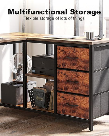 Treesland L Shaped Desk with Drawers, Computer Desk with Storage & Shelves, Corner Desk with Storage, Home Office Desks with Drawers, L Shape Desks with Storage, Brown - LeafyLoom