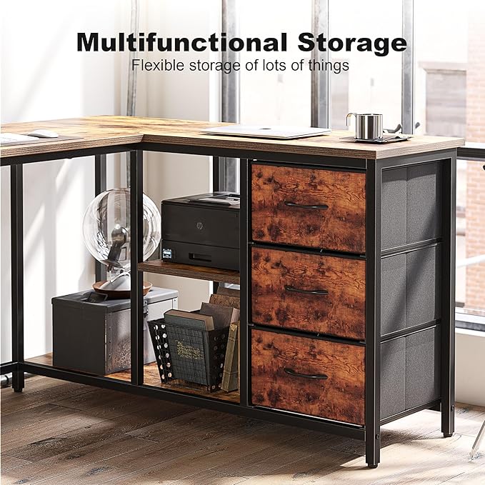 Treesland L Shaped Desk with Drawers, Computer Desk with Storage & Shelves, Corner Desk with Storage, Home Office Desks with Drawers, L Shape Desks with Storage, Brown - LeafyLoom