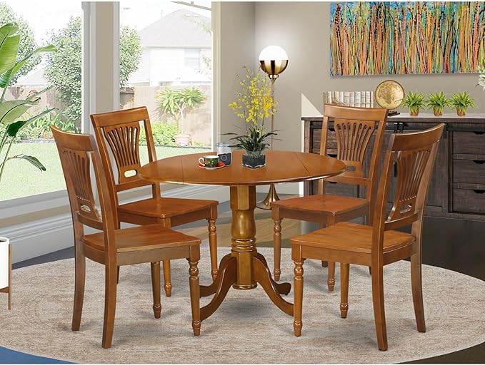 East West Furniture DLPL5-SBR-W Dublin 5 Piece Room Set Includes a Round Kitchen Table with Dropleaf and 4 Dining Chairs, 42x42 Inch - LeafyLoom