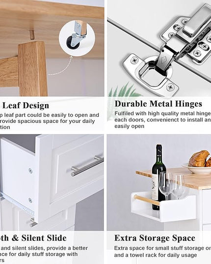 soges Mobile Kitchen Island with Storage and Drop Leaf on Wheels, Rolling Kitchen Island Table Cart with 3 Drawers and Large Storage Cabinets, Spacious Desktop, Adjustable Shelves, White - LeafyLoom
