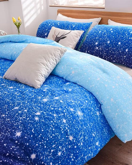 Holawakaka Kids Space Star Galaxy Bedding Comforter Set Twin/Twin XL Size Boys Girls Blue Indigo Ombre Print Gradient Glitter Stars Bed Sets (Blue, Twin) - LeafyLoom