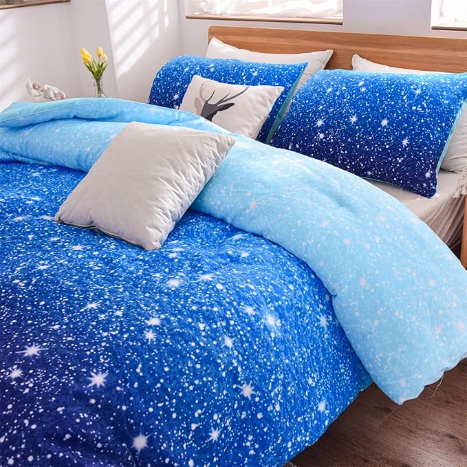 Holawakaka Kids Space Star Galaxy Bedding Comforter Set Twin/Twin XL Size Boys Girls Blue Indigo Ombre Print Gradient Glitter Stars Bed Sets (Blue, Twin) - LeafyLoom