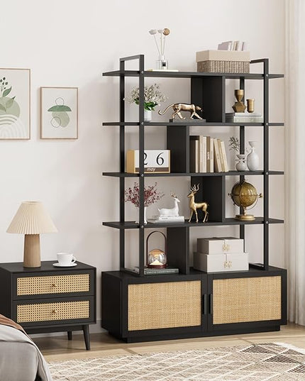 GAOMON 5 Tier Rattan Bookshelf with Storage Cabinet & Door, 71.1 Inch Tall Industrial Book Shelf with Open Display Shelves, 5 Shelf Bookcase with Metal Frame for Living Room, Bedroom -Black - LeafyLoom