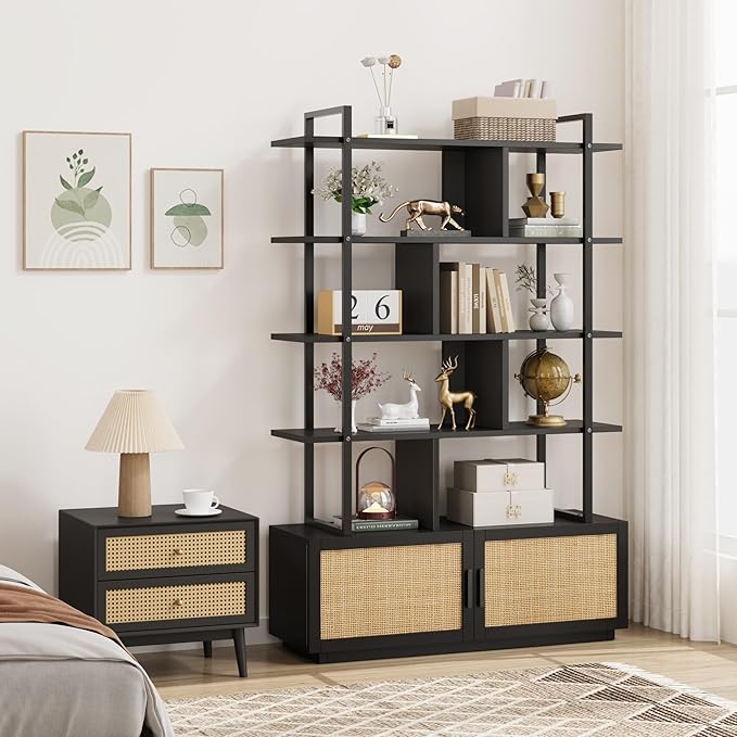 GAOMON 5 Tier Rattan Bookshelf with Storage Cabinet & Door, 71.1 Inch Tall Industrial Book Shelf with Open Display Shelves, 5 Shelf Bookcase with Metal Frame for Living Room, Bedroom -Black - LeafyLoom