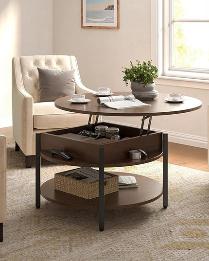 FABATO Round Lift Top Coffee Table for Living Room, 35.43'' Round Coffee Table with Storage and Hidden Compartment, 2 Tier Large Farmhouse Coffee Table Round Dining Table, Espresso - LeafyLoom