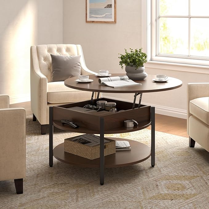 FABATO Round Lift Top Coffee Table for Living Room, 35.43'' Round Coffee Table with Storage and Hidden Compartment, 2 Tier Large Farmhouse Coffee Table Round Dining Table, Espresso - LeafyLoom
