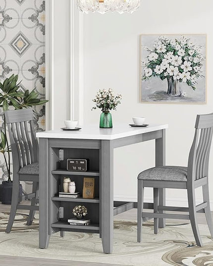 3-Piece Wooden Counter Height Dining Table Set with Faux Marble Veneer and Built-in Storage Shelves, 2 Upholstered Chairs, for Kitchen, Breakfast Nook, Bar, Living Room, Gray - LeafyLoom