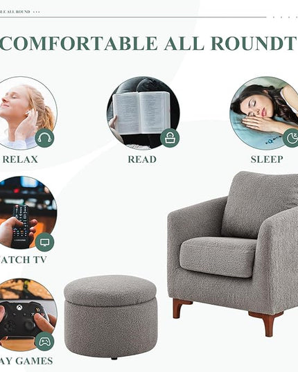 COLAMY Sherpa Accent Chairs with Storage Ottoman Set of 2, Upholstered Barrel Arm Chair with Footrest, Modern Living Room Chair with Back Pillow, Grey - LeafyLoom