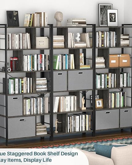 armocity 74 Inch Tall Bookshelf, 6 Tier Bookcase with Drawers, Modern Book Shelf Display Standing Shelf Units with Storage, Wood and Metal Bookshelves for Living Room, Bedroom, Home Office, Grey Oak - LeafyLoom