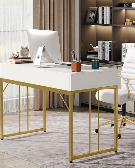 47’’ Computer Desk with 2 Drawers, White Gold Writing Desk Make Up Vanity Table - LeafyLoom