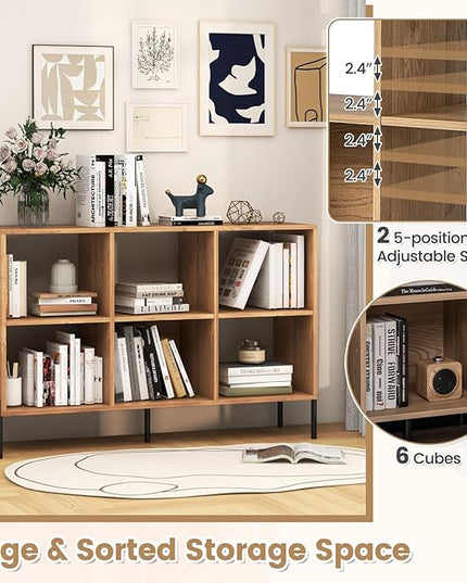 LOKO 6 Cube Bookcase, 3-Tier Floor Open Bookshelf with 5 Metal Legs, Cube Storage Organizer with Adjustable Shelves, Modern Display Shelving for Living Room, Study, Bedroom, Office (natural) - LeafyLoom
