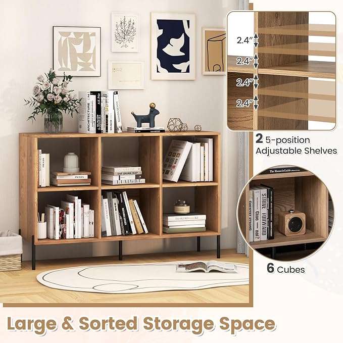 LOKO 6 Cube Bookcase, 3-Tier Floor Open Bookshelf with 5 Metal Legs, Cube Storage Organizer with Adjustable Shelves, Modern Display Shelving for Living Room, Study, Bedroom, Office (natural) - LeafyLoom