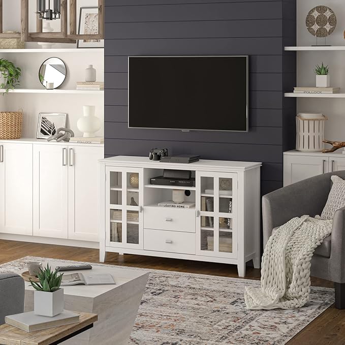 SIMPLIHOME Artisan SOLID WOOD 53 Inch Wide Contemporary TV Media Stand in White for TVs up to 60 Inches, For the Living Room and Entertainment Center - LeafyLoom
