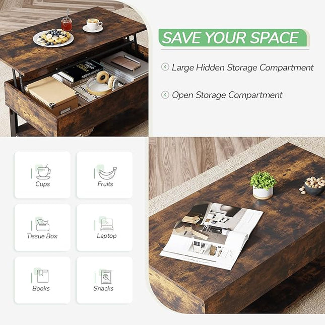 Novilla Modern Lift Top Coffee Table with Storage for Living Room Wodden Lift Tabletop Dining Table with Hidden Compartment and Metal Frame 40 Inch, Rustic Brown - LeafyLoom