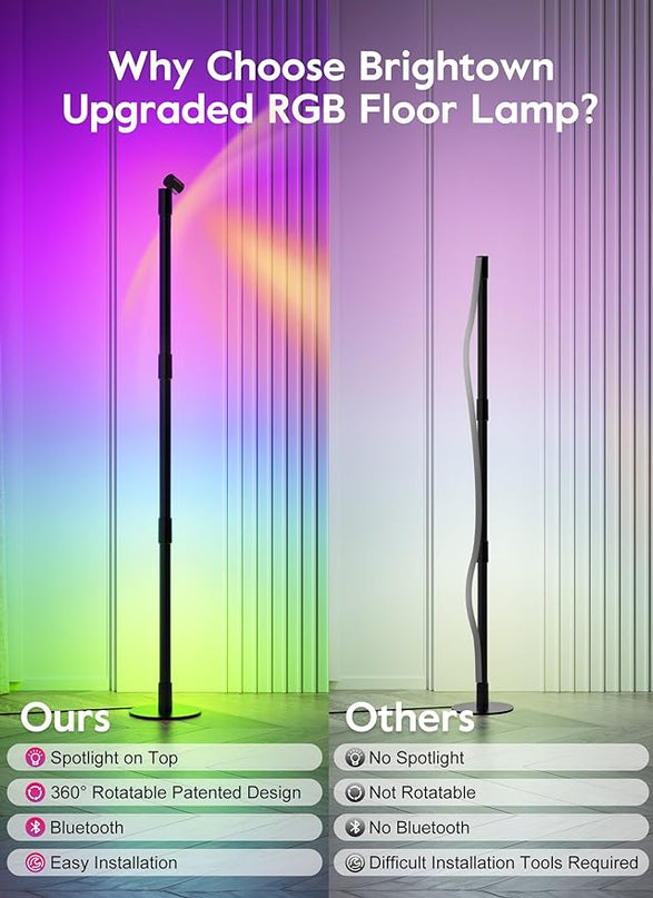 Brightown LED Floor Lamp, Smart RGB Corner Lamp with App and Remote Control, 16 Million Colors, Music Sync, Timer Setting, 360° Rotatable Tube - Ideal for Bedroom, Living Room, Home Office, 2 Pack - LeafyLoom