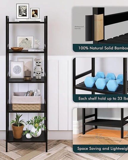 5 Tier Narrow Bookshelf, Bamboo Bookcase, Slim Tall Storage Rack Free Standing Shelving Unit with Adjustable Shelves for Living Room Bedroom Bathroom, Black - LeafyLoom