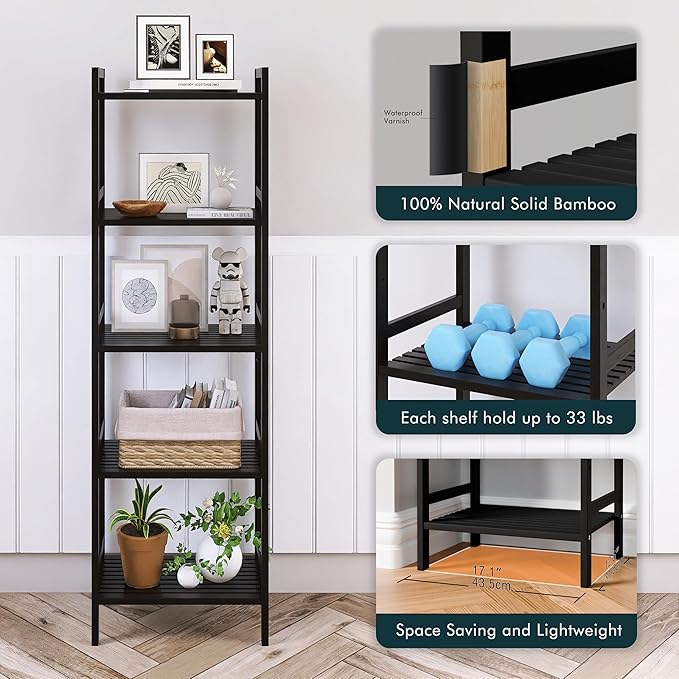 5 Tier Narrow Bookshelf, Bamboo Bookcase, Slim Tall Storage Rack Free Standing Shelving Unit with Adjustable Shelves for Living Room Bedroom Bathroom, Black - LeafyLoom