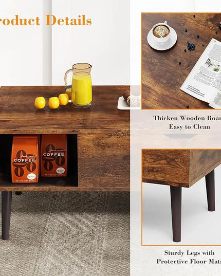 Coffee Table, Lift Top Coffee Tables for Living Room, Small Modern Wooden Center Tables with Storage Shelf and Hidden Compartment - LeafyLoom