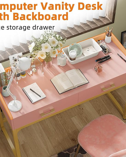 WESTREE Computer Gaming Desk Office - Study Writing Desk with Drawer for Teen, Bedroom Makeup Desk Home Office with Storage Shelf, Height Monitor Stand, Pink - LeafyLoom