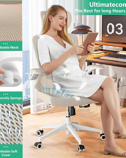 Ergonomic Office Chair - Comfy Desk Chairs with Wheels and Arms, Heavy Duty Mesh Computer Chairs with Comfortable Head Lumbar Back Support for Office, Bedroom, Study and College Dorm (khaki) - LeafyLoom