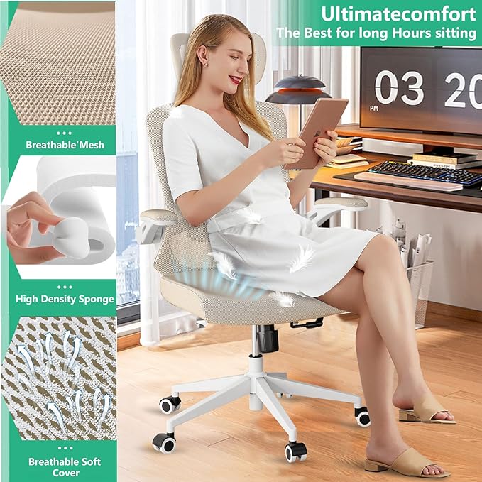 Ergonomic Office Chair - Comfy Desk Chairs with Wheels and Arms, Heavy Duty Mesh Computer Chairs with Comfortable Head Lumbar Back Support for Office, Bedroom, Study and College Dorm (khaki) - LeafyLoom