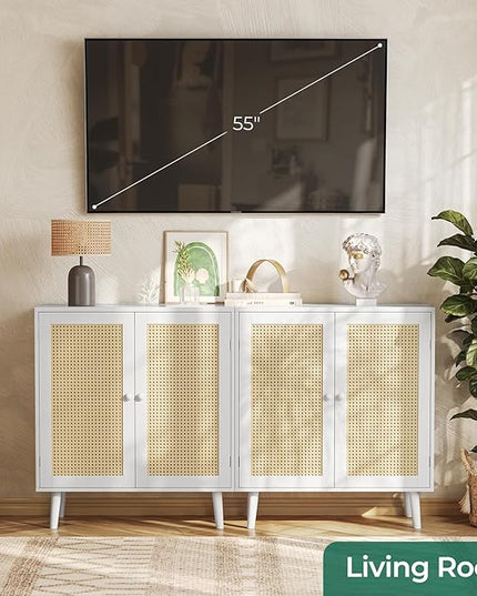 Buffet Cabinet with Storage, Storage Cabinet with PE Rattan Decor Doors, Accent Cabinet with Solid Wood Feet, Sideboard Cabinet for Hallway, Entry, Living Room, White - LeafyLoom