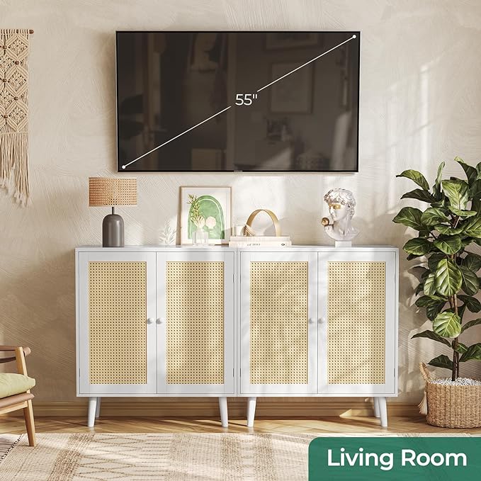 Buffet Cabinet with Storage, Storage Cabinet with PE Rattan Decor Doors, Accent Cabinet with Solid Wood Feet, Sideboard Cabinet for Hallway, Entry, Living Room, White - LeafyLoom
