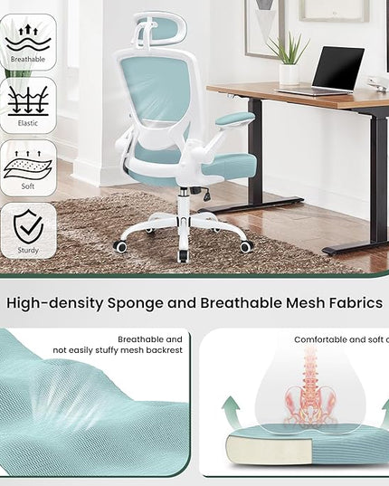 KERDOM Ergonomic Office Chair, Breathable Mesh Desk Chair, Lumbar Support Computer Chair with Headrest and Flip-up Arms, Swivel Task Chair, Adjustable Height Gaming Chair, LightBlue - LeafyLoom