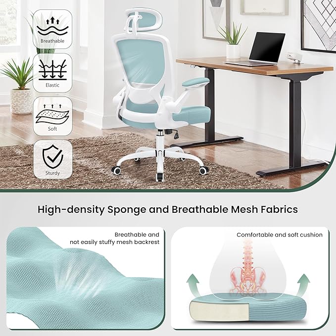 KERDOM Ergonomic Office Chair, Breathable Mesh Desk Chair, Lumbar Support Computer Chair with Headrest and Flip-up Arms, Swivel Task Chair, Adjustable Height Gaming Chair, LightBlue - LeafyLoom