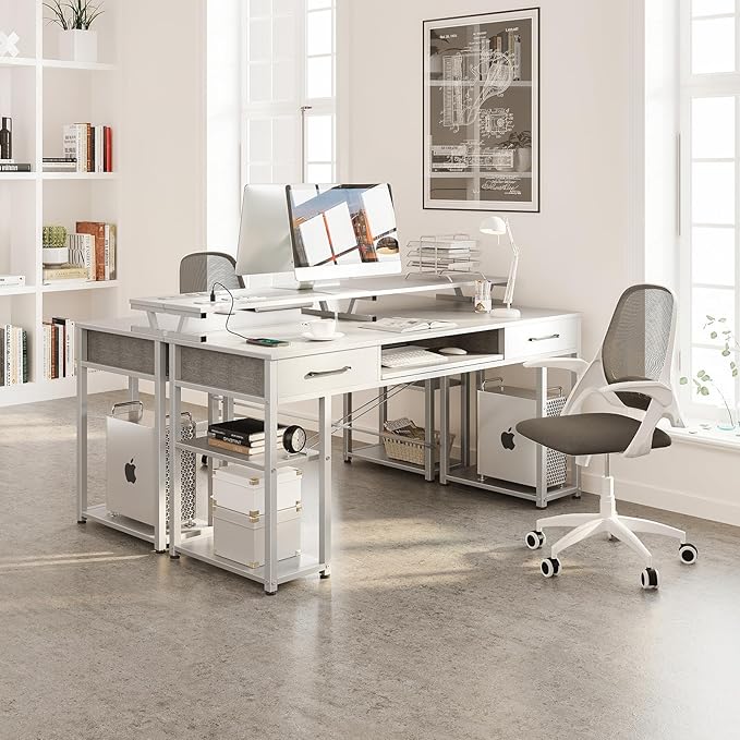 ODK Computer Desk with Drawers & Power Outlet, 55 Inch Office Desk with Keyboard Tray & Storage Shelves & PC Stand, Office Table Work Desk with Monitor Stand, White - LeafyLoom