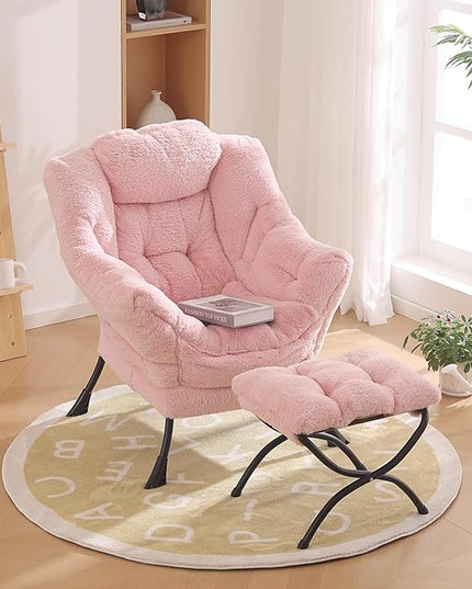 Lazy Chair with Ottoman, Modern Chair with Folding Footrest, Lounge Accent Chair, Comfortable Reading Chair, Oversized Armchairs for Bedroom, Study, Living Room(Plush Pink) - LeafyLoom