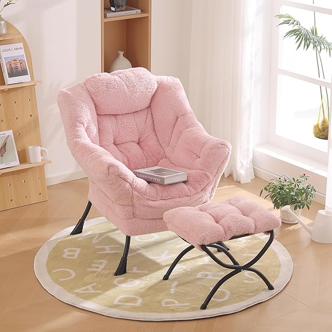 Lazy Chair with Ottoman, Modern Chair with Folding Footrest, Lounge Accent Chair, Comfortable Reading Chair, Oversized Armchairs for Bedroom, Study, Living Room(Plush Pink) - LeafyLoom