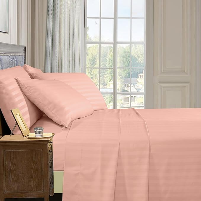 Elegant Comfort Softest and Coziest 6-Piece Sheet Set - 1500 Premium Hotel Quality Microfiber - Deep Pocket, Wrinkle Resistant 6-Piece Damask Stripe Bed Sheet Set, Queen, Dusty Rose - LeafyLoom