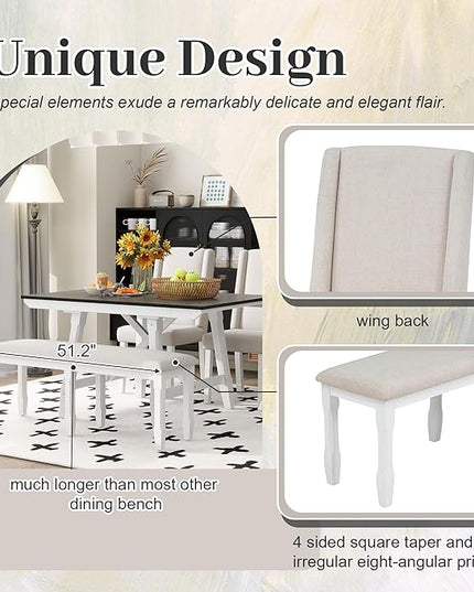 Classic Dining Table Set for 6 with 78" Extendable Rectangular Tabletop with Two 12" W Removable Leaves and 4 Upholstered Chairs & 1 Bench for Kitchen Living Room, White+Black - LeafyLoom