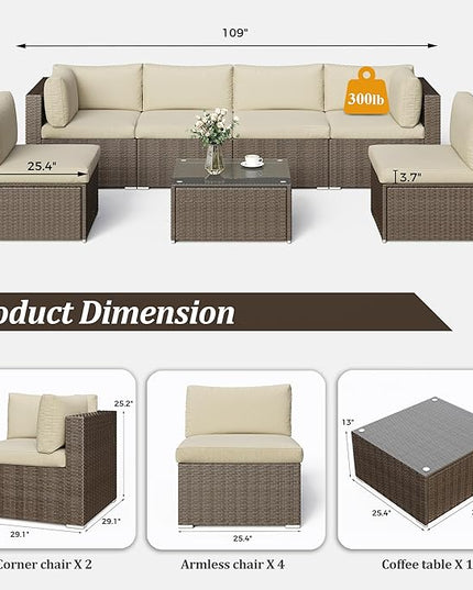 SUNVIVI OUTDOOR 7 Piece Patio Sectional Sofa Outdoor All Weather Brown PE Wicker Furniture Set, Paito Conversation Sofa Set with Glass Table, Removable Beige Cushions - LeafyLoom