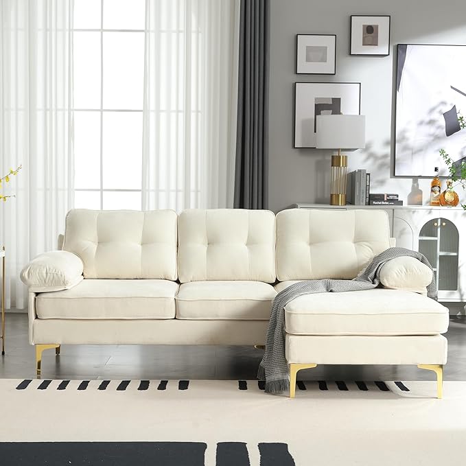 L Shaped Convertible Sleeper Sectional Sofa with Reversible Chaise, 3 Seater Corner Couch Bed with Detachable Pillow Armrest and Golden Metal Legs for Living Room Apartment Small Space - LeafyLoom