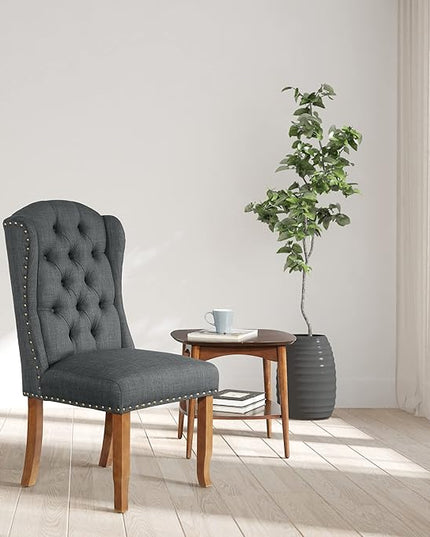 OSP Home Furnishings Jessica Button Tufted Wingback Upholstered Dining Chair with Wood Legs, Charcoal Fabric - LeafyLoom