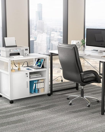 Unikito Rolling File Cabinet Lateral Office Filing Cabinets with Socket and USB Charging Port, Modern Printer Stand on Wheels, Printer Cabinet with Door and Open Storage, Lockable, White - LeafyLoom