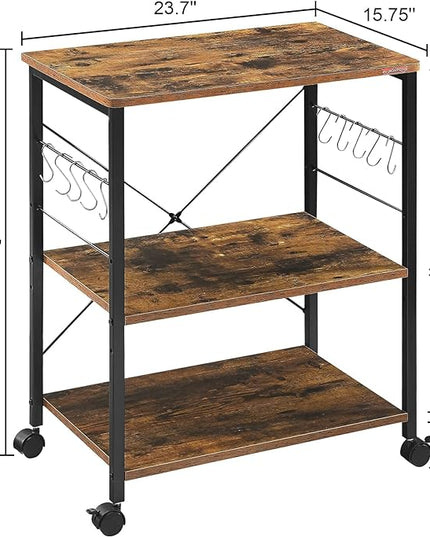 Mr IRONSTONE Baker's Rack, Kitchen Microwave Cart, Coffee Bar Table Station, 3-Tier Kitchen Utility Storage Shelf with Rolling Wheels Coffee Cart Kitchen Microwave Stand with 10 Hooks, Rustic Brown - LeafyLoom