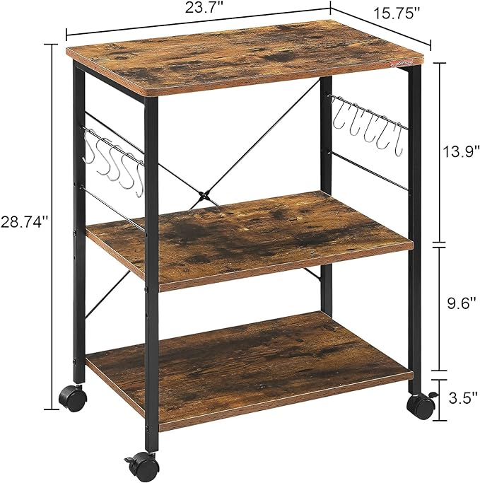 Mr IRONSTONE Baker's Rack, Kitchen Microwave Cart, Coffee Bar Table Station, 3-Tier Kitchen Utility Storage Shelf with Rolling Wheels Coffee Cart Kitchen Microwave Stand with 10 Hooks, Rustic Brown - LeafyLoom