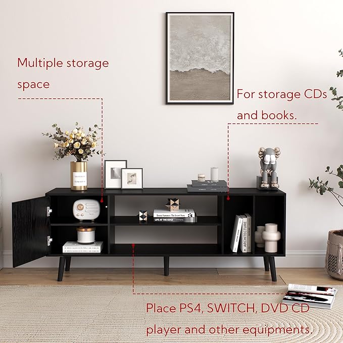 Yusong TV Stand for 55/65 inch TV, Mid Century Modern TV Console Table, Media Entertainment Center with Storage for Living Room Bedroom, Wood TV Cabinet, Oak Black - LeafyLoom