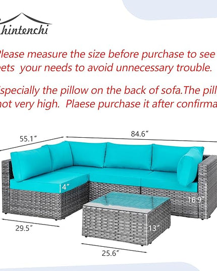 Shintenchi 5 Pieces Outdoor Patio Sectional Sofa Couch, Silver Gray PE Wicker Furniture Conversation Sets with Washable Cushions & Glass Coffee Table for Garden, Poolside, Backyard (Blue) - LeafyLoom