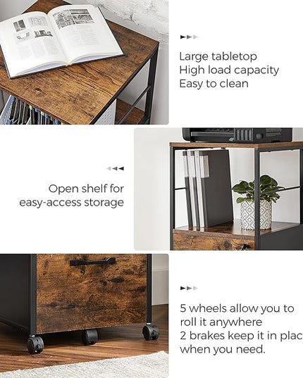 VASAGLE Filing Cabinet for Home Office, Printer Cabinet, Rolling File Cabinet with Drawer and Lock, for Suspended Folder, A4 and Letter Sized Documents, Industrial, Rustic Brown and Black UOFC044B01 - LeafyLoom