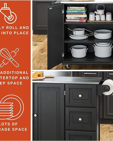 Homestyles Kitchen Cart with Stainless Steel Metal Top, Rolling Mobile Kitchen Island with Storage and Towel Rack, 54 Inch Width, Black - LeafyLoom