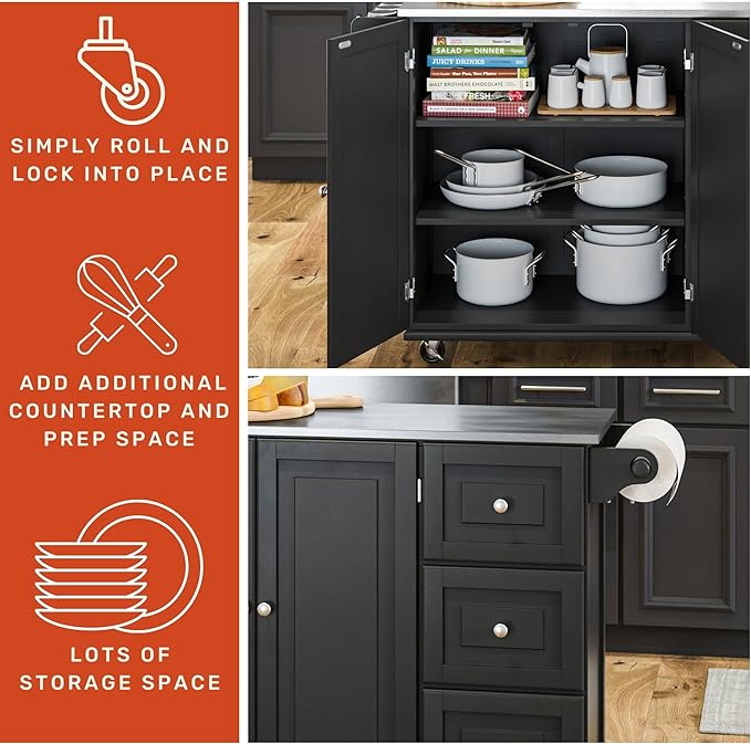 Homestyles Kitchen Cart with Stainless Steel Metal Top, Rolling Mobile Kitchen Island with Storage and Towel Rack, 54 Inch Width, Black - LeafyLoom