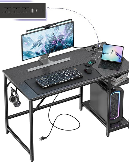 Computer Desk, 48 inches desk with 2 Shelves, Home Office Desk with USB/Type-C Charging Ports & Power Outlets, Study Table for Adults, Black - LeafyLoom