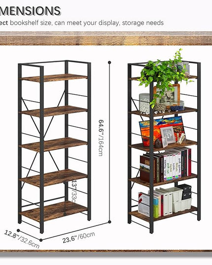 4NM Bookshelf 5 Tier Industrial Bookcase Home Office Adjustable Bookshelves Storage Shelves Organizer Vintage Book Shelf Display Rack for Living Room, Bedroom,Home- Rustic Brown - LeafyLoom