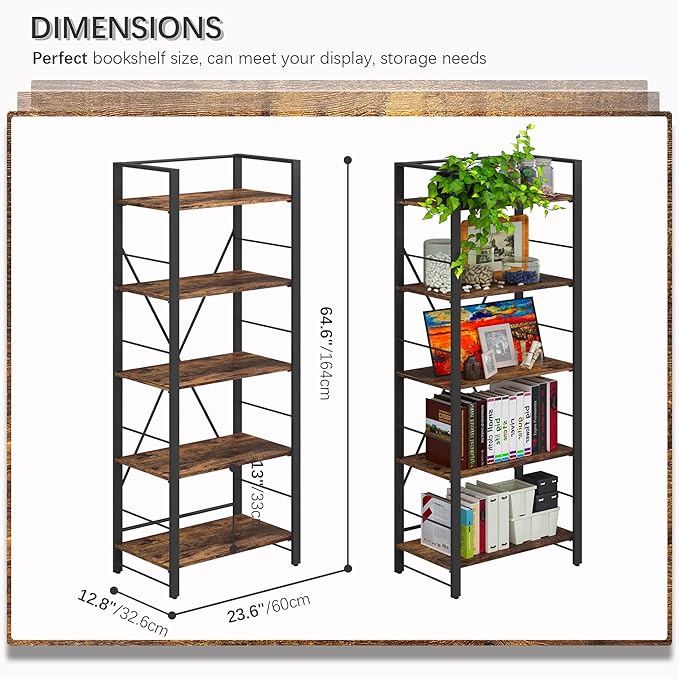 4NM Bookshelf 5 Tier Industrial Bookcase Home Office Adjustable Bookshelves Storage Shelves Organizer Vintage Book Shelf Display Rack for Living Room, Bedroom,Home- Rustic Brown - LeafyLoom